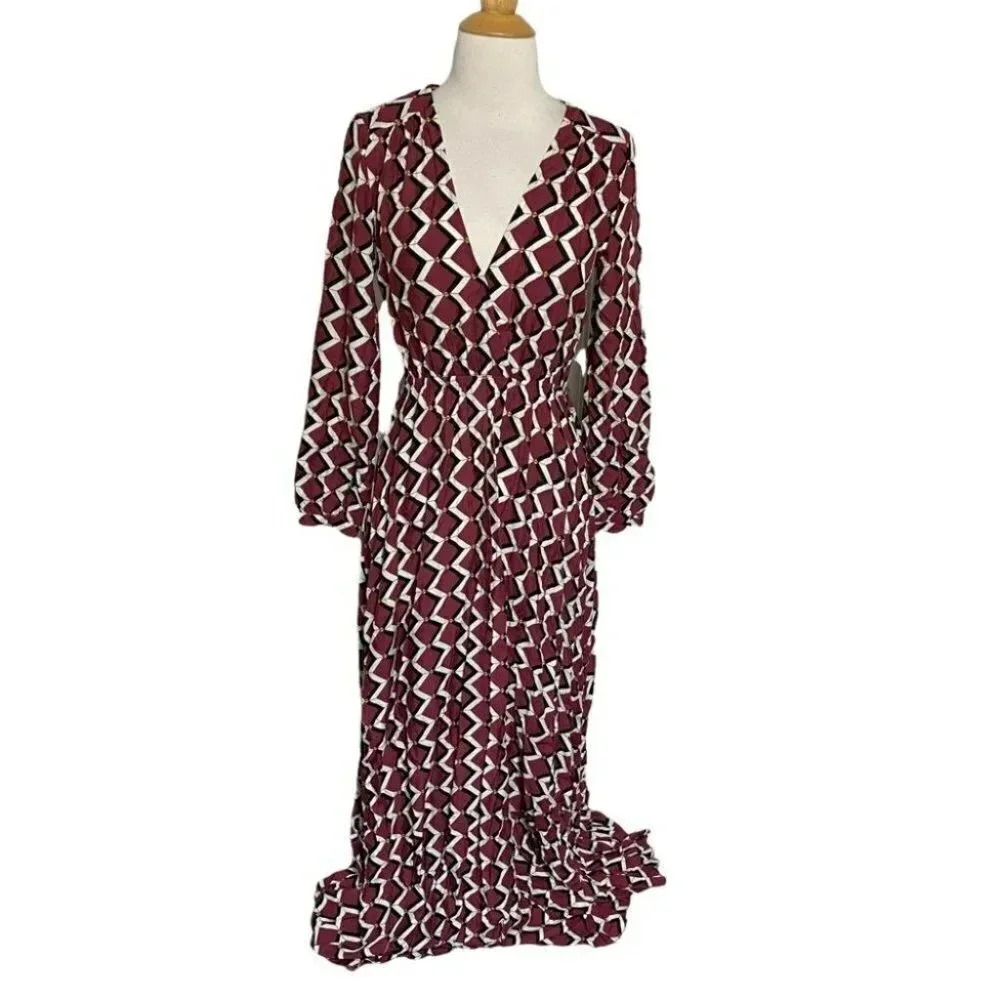 Aakaa Geometric Maxi Dress S Burgundy V-Neck Long Sleeve Elastic Waist Boho